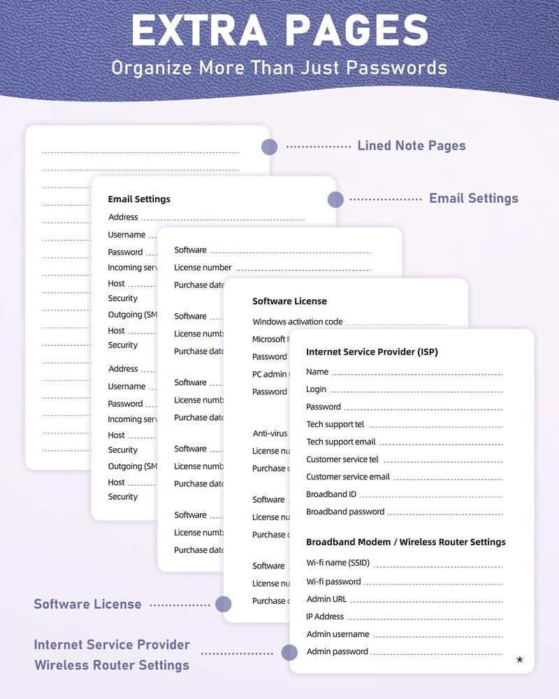WEMATE Password Book with Alphabetical Tabs, Spiral Password Keeper Book for Seniors, Internet Password Notebook Password Journal Logbook Log in Detail, Small – 4.7''x 6'' (Purple) - Image 3